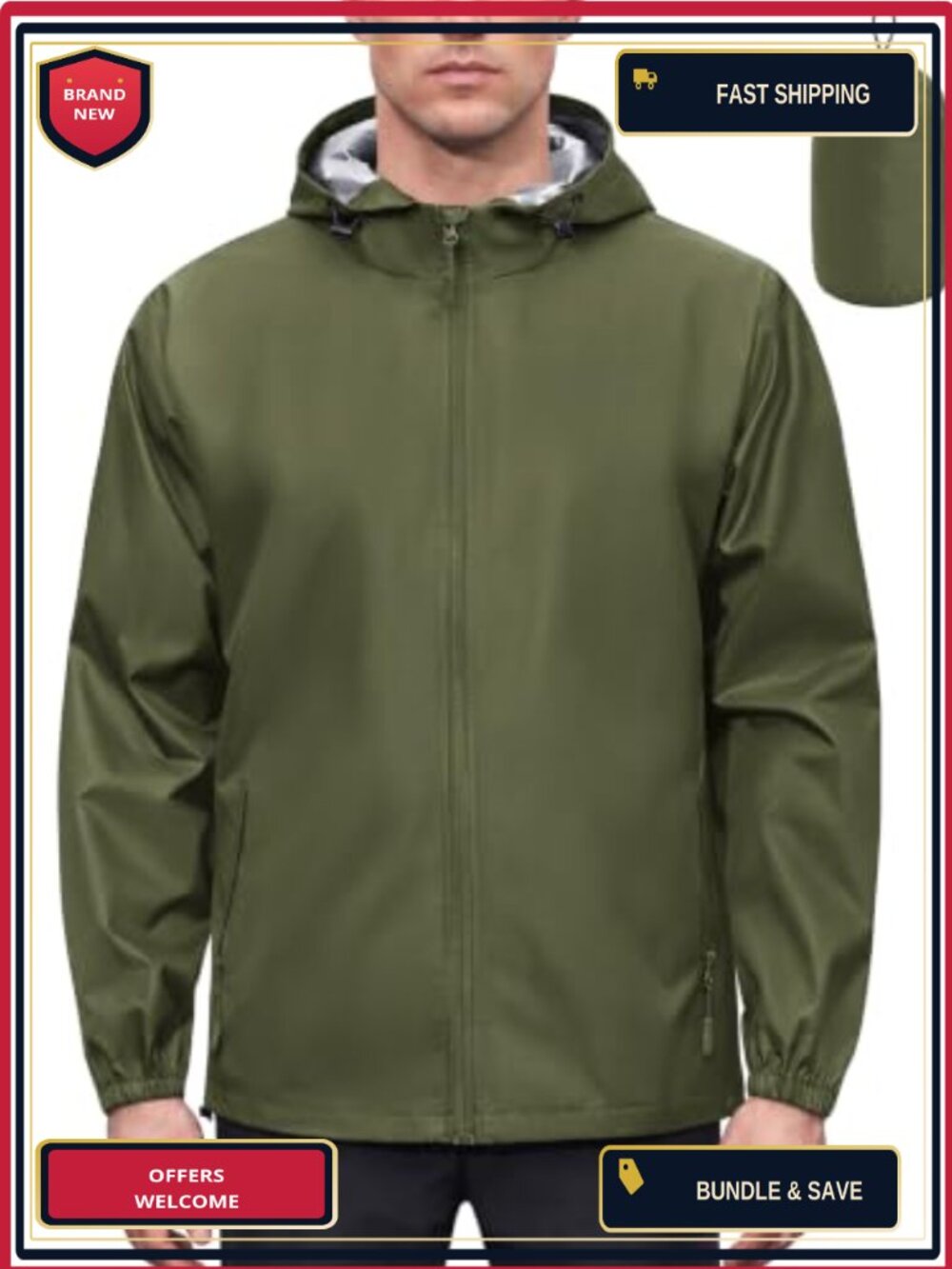 Men's Waterproof Rain Jacket Hooded Packable Windbreaker Lightweight Outdoor